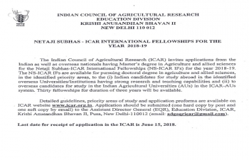 ICAR Intemational Fellowship for the year 2018-19