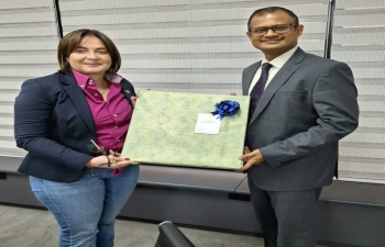 The Ambassador of India, H.E. Mr. P.K. Ashokbabu, met with the Vice President for Science, Technology, Education and Health and Minister of People's Power for Science and Technology, H.E. Ms. Gabriela Jimenez on July 3, 2024. They discussed deepening relations in the alternative energy sector, digital infrastructure and Health.