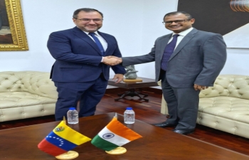 The Ambassador of India, Mr. P.K. Ashokbabu, met the Minister of People's Power for Foreign Affairs, H.E. Mr. Yvan Gil Pinto on July 3, 2024. Bilateral cooperation in the areas of science and technology, health, trade, alternative energy and consular matters were discussed during the meeting.
