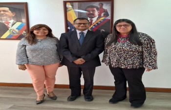 The Ambassador of India, Mr. P.K. Ashokbabu, met on July 8, 2024, with the Vice Minister for New Sources and Rational Use of Energy, Ms. Tania Masea, and the Vice Minister for Asia, Middle East and Oceania, Ms. Tatiana Pugh. They discussed bilateral cooperation in the renewable energy sector.